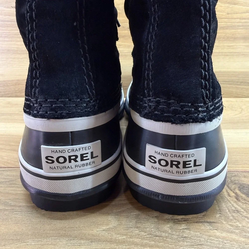 Sorel Joan Of Arctic Snow Boots Womens 6 Black Suede Houndstooth Faux Sherpa
